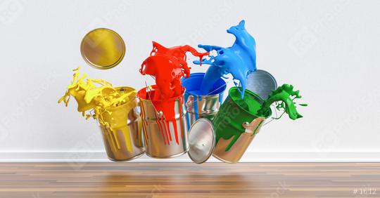 Four paint cans splashing different colors in a apartment, renovation concept image  : Stock Photo or Stock Video Download rcfotostock photos, images and assets rcfotostock | RC Photo Stock.: