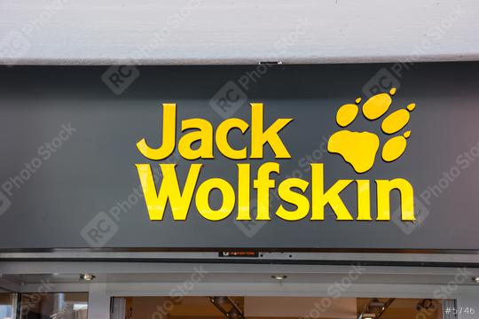 FRANKFURT, GERMANY MARCH, 2017: Jack Wolfskin store logo. Jack Wolfskin is a major German producer of outdoor wear and equipment headquartered in Idstein. It was founded in 1981.  : Stock Photo or Stock Video Download rcfotostock photos, images and assets rcfotostock | RC Photo Stock.:
