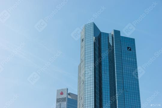 FRANKFURT, GERMANY MARCH, 2017: The Deutsche Bank Twin Towers and the Sparkassen-Finanzgruppe/ German Savings Bank Finance Group skyscraper against blue sky.  : Stock Photo or Stock Video Download rcfotostock photos, images and assets rcfotostock | RC Photo Stock.: