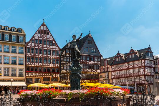 Frankfurt Old town square romerberg with Justitia statue, Germany  : Stock Photo or Stock Video Download rcfotostock photos, images and assets rcfotostock | RC Photo Stock.: