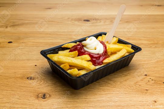 french fries in a shell ketchup and mayonnaise  : Stock Photo or Stock Video Download rcfotostock photos, images and assets rcfotostock | RC Photo Stock.: