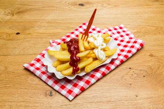 french fries red - white german pommes  : Stock Photo or Stock Video Download rcfotostock photos, images and assets rcfotostock | RC Photo Stock.: