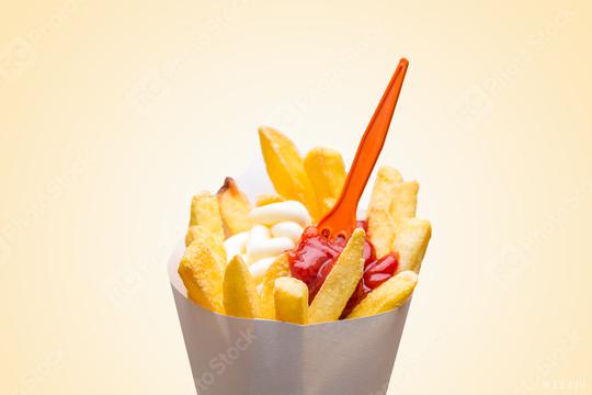 french fries red - white with fork  : Stock Photo or Stock Video Download rcfotostock photos, images and assets rcfotostock | RC Photo Stock.: