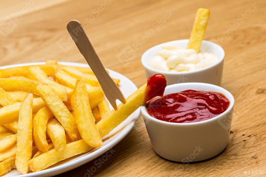 French fries with ketchup and mayonnaise and fork  : Stock Photo or Stock Video Download rcfotostock photos, images and assets rcfotostock | RC Photo Stock.: