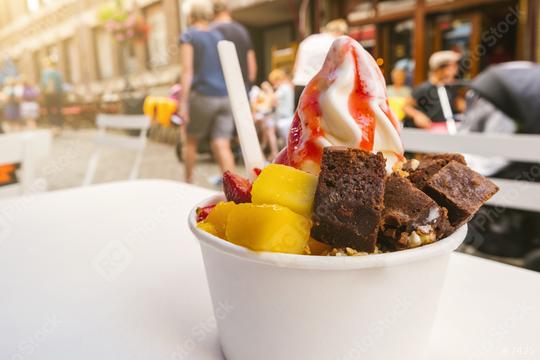 frozen yoghurt with brownie and fruits toppings on a table  : Stock Photo or Stock Video Download rcfotostock photos, images and assets rcfotostock | RC Photo Stock.: