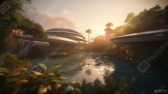 Futuristic buildings amid a lush tropical jungle at sunset  : Stock Photo or Stock Video Download rcfotostock photos, images and assets rcfotostock | RC Photo Stock.: