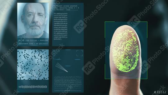 Futuristic digital processing of fingerprints as man holds his hand against a modern fingerprint scanner. Futuristic digital technology and transparent citizen concept.   : Stock Photo or Stock Video Download rcfotostock photos, images and assets rcfotostock | RC Photo Stock.:
