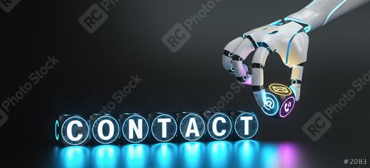 Futuristic robot hand holds contact communication or support Hotline cube and text Contact - ai concept image  : Stock Photo or Stock Video Download rcfotostock photos, images and assets rcfotostock | RC Photo Stock.: