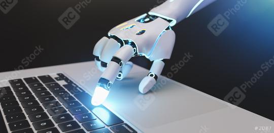 Futuristic robot hand typing and working with laptop keyboard. Mechanical arm with computer.   : Stock Photo or Stock Video Download rcfotostock photos, images and assets rcfotostock | RC Photo Stock.: