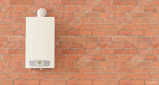 Gas boiler on the brick wall in the basement of a house, with copyspace for your individual text.  : Stock Photo or Stock Video Download rcfotostock photos, images and assets rcfotostock | RC Photo Stock.: