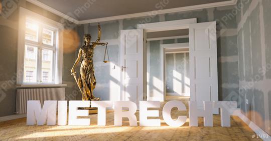 German word Mietrecht (tenancy law) in a apartment with The Statue of Justice - lady justice or Iustitia / Justitia the Roman goddess of Justic as a concept image     : Stock Photo or Stock Video Download rcfotostock photos, images and assets rcfotostock | RC Photo Stock.: