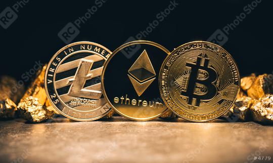 Golden cryptocurrencys Bitcoin, Ethereum, Litecoin and mound of gold - Business concept image  : Stock Photo or Stock Video Download rcfotostock photos, images and assets rcfotostock | RC Photo Stock.: