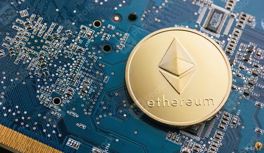 Golden ethereum coin cryptocurrency on a computer mainboard  : Stock Photo or Stock Video Download rcfotostock photos, images and assets rcfotostock | RC Photo Stock.: