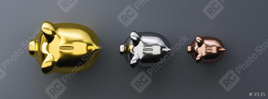 Golden, silver, copper piggy bank as row leader, investment and development concept  : Stock Photo or Stock Video Download rcfotostock photos, images and assets rcfotostock | RC Photo Stock.:
