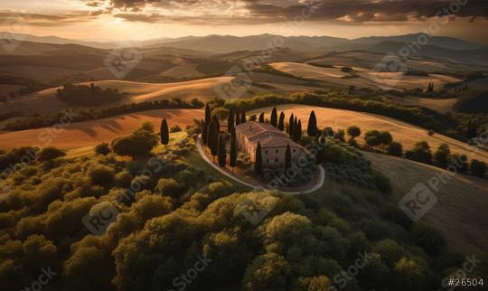 Golden Tuscan fields with a secluded villa, cypress trees, and distant hills  : Stock Photo or Stock Video Download rcfotostock photos, images and assets rcfotostock | RC Photo Stock.: