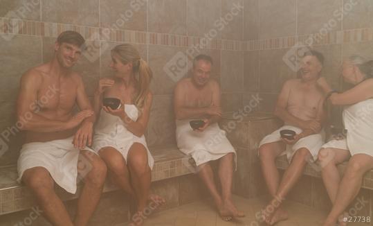 Group of people in a steam bath, rubbing themselves with salt, chatting and smiling in a spa wellness hotel  : Stock Photo or Stock Video Download rcfotostock photos, images and assets rcfotostock | RC Photo Stock.: