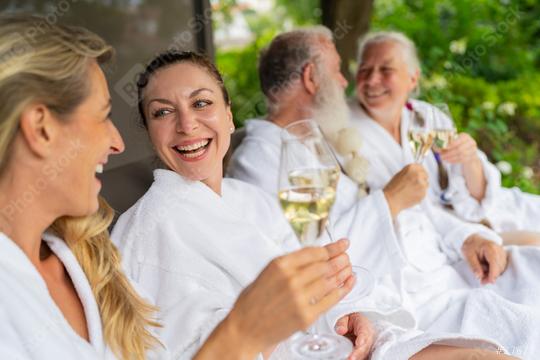 Group of people in white bathrobes laughing and holding champagne glasses celebrating on a lounger at a spa wellness hotel  : Stock Photo or Stock Video Download rcfotostock photos, images and assets rcfotostock | RC Photo Stock.: