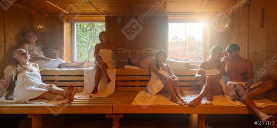 Group of people of various ages relaxing together in hot finnish sauna. dramtic light with Steam, spa and wellness concept.  : Stock Photo or Stock Video Download rcfotostock photos, images and assets rcfotostock | RC Photo Stock.: