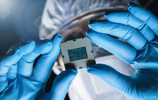 Hands in gloves hold Microchip Repair microprocessor electronics electrical equipment at a Ultra Modern Electronic Manufacturing Factory  : Stock Photo or Stock Video Download rcfotostock photos, images and assets rcfotostock | RC Photo Stock.: