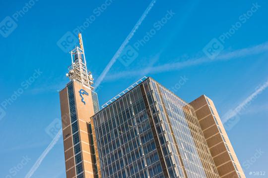 HANNOVER, GERMANY MARCH, 2017: Hannover Messe Tower building with the logo of Deutsche Messe AG on top. Home of Cebit, the largest IT fair in the world.  : Stock Photo or Stock Video Download rcfotostock photos, images and assets rcfotostock | RC Photo Stock.: