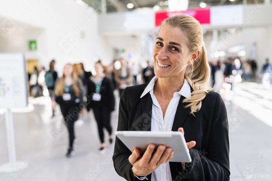 happy businesswoman at a trade fair holding tablet  : Stock Photo or Stock Video Download rcfotostock photos, images and assets rcfotostock | RC Photo Stock.: