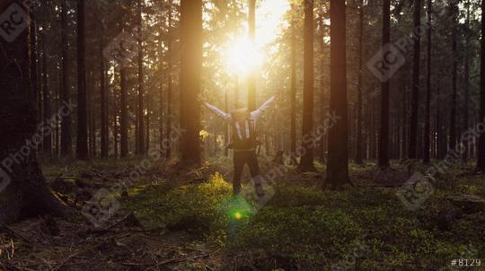 Happy hiker with raised hands in air stand in a pine forest at sunset  : Stock Photo or Stock Video Download rcfotostock photos, images and assets rcfotostock | RC Photo Stock.: