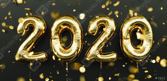 Happy New 2020 Year. Holiday gold metallic balloon numbers 2020 and falling confetti on dark background  : Stock Photo or Stock Video Download rcfotostock photos, images and assets rcfotostock | RC Photo Stock.: