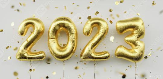 Happy New 2023 Year. 2023 golden foil balloons and falling confetti on white background. Gold helium balloon numbers. Festive poster or banner concept image  : Stock Photo or Stock Video Download rcfotostock photos, images and assets rcfotostock | RC Photo Stock.: