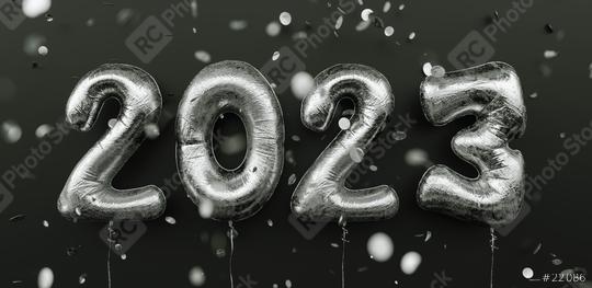 Happy New 2023 Year. 2023 silver foil balloons and falling confetti on black background. Gold helium balloon numbers. Festive poster or banner concept image  : Stock Photo or Stock Video Download rcfotostock photos, images and assets rcfotostock | RC Photo Stock.: