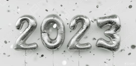 Happy New 2023 Year. 2023 silver foil balloons and falling confetti on white background. Gold helium balloon numbers. Festive poster or banner concept image  : Stock Photo or Stock Video Download rcfotostock photos, images and assets rcfotostock | RC Photo Stock.: