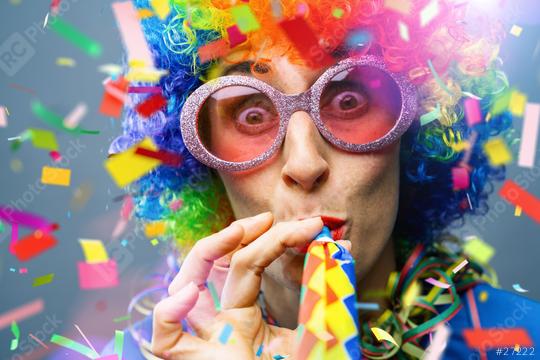 happy party woman with wig and confetti pieces and ribbon Falling in colorful colors  : Stock Photo or Stock Video Download rcfotostock photos, images and assets rcfotostock | RC Photo Stock.: