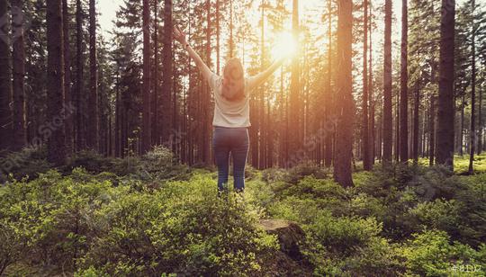 Happy Woman raised hands at sunset in the woods Lifestyle emotional concept   : Stock Photo or Stock Video Download rcfotostock photos, images and assets rcfotostock | RC Photo Stock.: