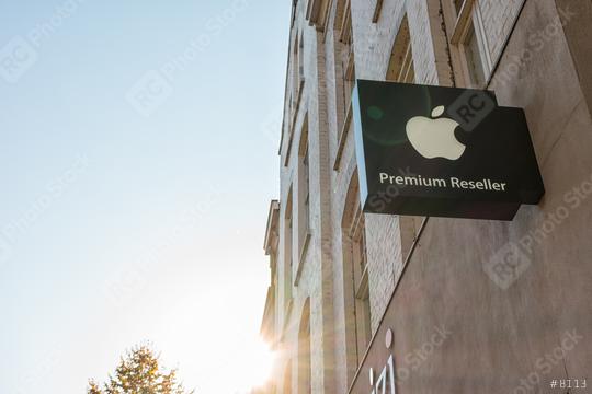 HEERLEN, NETHERLANDS OCTOBER, 2017: Apple Premium Reseller logo on a Wall. Apple is the multinational technology company headquartered in Cupertino, California and sells consumer electronics products.  : Stock Photo or Stock Video Download rcfotostock photos, images and assets rcfotostock | RC Photo Stock.: