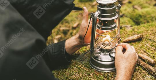 Hiker ignite a Gasoline lantern in the forest. authentic close-up shot. Travel concept image  : Stock Photo or Stock Video Download rcfotostock photos, images and assets rcfotostock | RC Photo Stock.:
