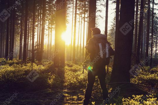 hiker stands in a forest and looks in to the sunset light. Adventure, travel, tourism, hike concept  : Stock Photo or Stock Video Download rcfotostock photos, images and assets rcfotostock | RC Photo Stock.: