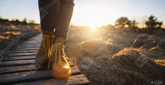 Hiking shoes on a baordwalk trail at sunset in the High Fens (Hautes Fagnes) . Close-up of female hikers shoes, with copy space for individual text  : Stock Photo or Stock Video Download rcfotostock photos, images and assets rcfotostock | RC Photo Stock.: