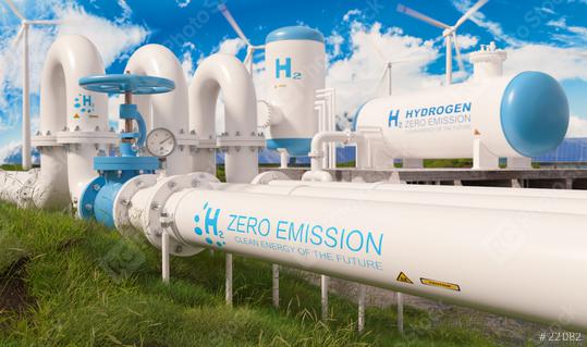 hydrogen energy storage system accompaind by large gas pipeline and solar power plant and wind turbine park in sunny summer afteroon light with blue sky and scattered clouds  : Stock Photo or Stock Video Download rcfotostock photos, images and assets rcfotostock | RC Photo Stock.: