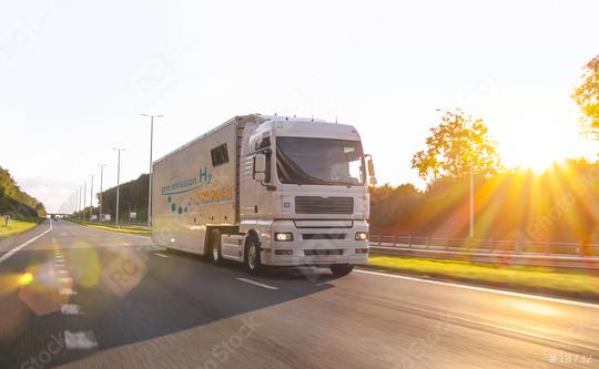 hydrogen fueled truck on the road driving. h2 combustion Truck engine for emission free ecofriendly transport.   : Stock Photo or Stock Video Download rcfotostock photos, images and assets rcfotostock | RC-Photo-Stock.: