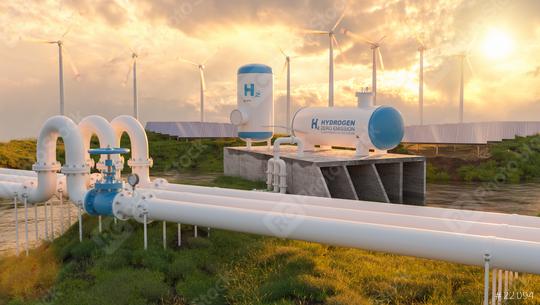 Hydrogen gas pipeline renewable energy production - hydrogen power for clean electricity solar and windturbine facility at sunset Concept image  : Stock Photo or Stock Video Download rcfotostock photos, images and assets rcfotostock | RC Photo Stock.: