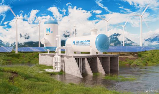 Hydrogen renewable energy production - hydrogen gas production for clean electricity solar and windturbine facility on a river  : Stock Photo or Stock Video Download rcfotostock photos, images and assets rcfotostock | RC Photo Stock.: