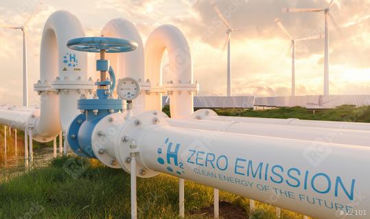 Hydrogen Zero Emission pipeline with wind turbines and solar panel power plants in the background at sunset. Hydrogen energy storage concept image  : Stock Photo or Stock Video Download rcfotostock photos, images and assets rcfotostock | RC Photo Stock.: