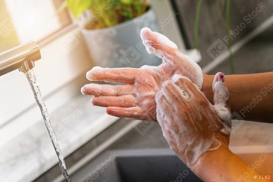 Hygiene. Cleaning Hands. Washing hands with soap in the kitchen  : Stock Photo or Stock Video Download rcfotostock photos, images and assets rcfotostock | RC Photo Stock.: