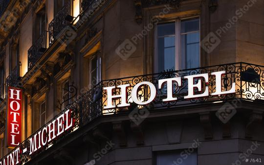 Illuminated hotel sign taken at dusk  : Stock Photo or Stock Video Download rcfotostock photos, images and assets rcfotostock | RC Photo Stock.: