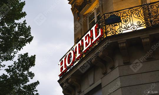 Illuminated hotel sign taken in Paris at sunset  : Stock Photo or Stock Video Download rcfotostock photos, images and assets rcfotostock | RC Photo Stock.: