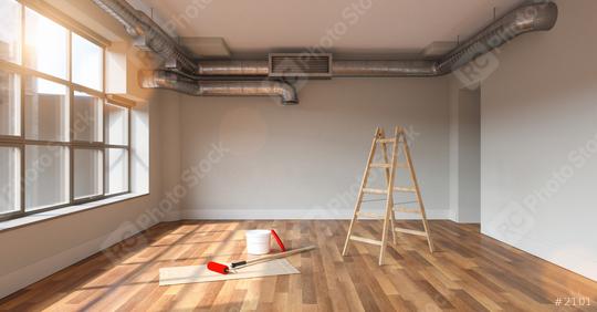 Ladder and bucket of paint in modern loft building apartment during renovation after moving   : Stock Photo or Stock Video Download rcfotostock photos, images and assets rcfotostock | RC Photo Stock.: