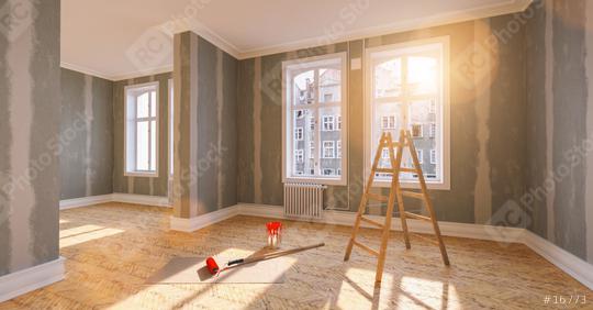 Ladder and bucket of paint in old building apartment during renovation after moving and Flattened drywall walls  : Stock Photo or Stock Video Download rcfotostock photos, images and assets rcfotostock | RC Photo Stock.: