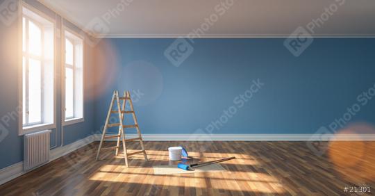 living room in renovation with ladder and paint bucket. Empty blue wall, banner size, with copyspace for your individual text.  : Stock Photo or Stock Video Download rcfotostock photos, images and assets rcfotostock | RC Photo Stock.: