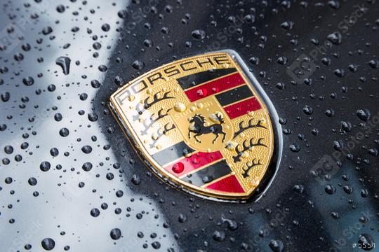LONDON, UNITED KINGDOM MAY, 2017: Porsche Logo Close Up on a black car with rain drops. Ferdinand Porsche founded the company in 1931 with main offices in the centre of Stuttgart.  : Stock Photo or Stock Video Download rcfotostock photos, images and assets rcfotostock | RC Photo Stock.: