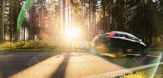 Long Forest Road with car In Alpine Mountains at sunset  : Stock Photo or Stock Video Download rcfotostock photos, images and assets rcfotostock | RC Photo Stock.: