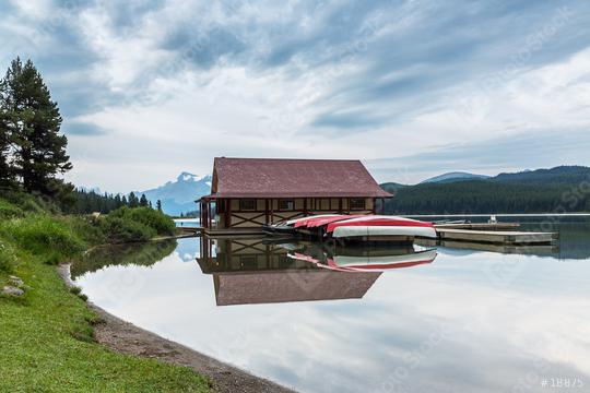 Maligne Lake and historic boathouse in Jasper National Park, Alberta, Canada.  : Stock Photo or Stock Video Download rcfotostock photos, images and assets rcfotostock | RC Photo Stock.: